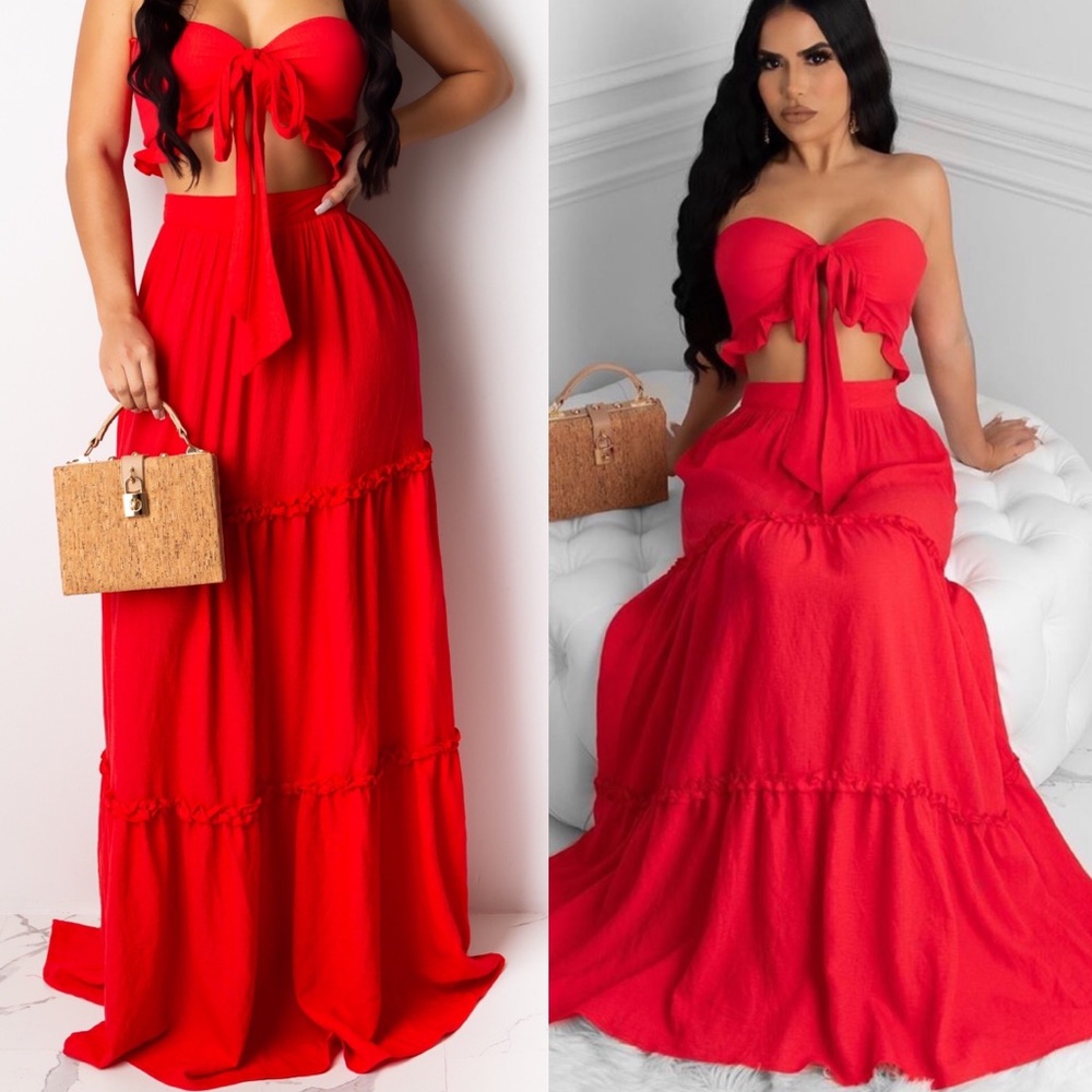 2xHP🎉 . Cherry On Top Red Ruffle Crop Top & Maxi Skirt Set